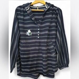 Free People Navy Striped Button Down Shirt with Star Patch